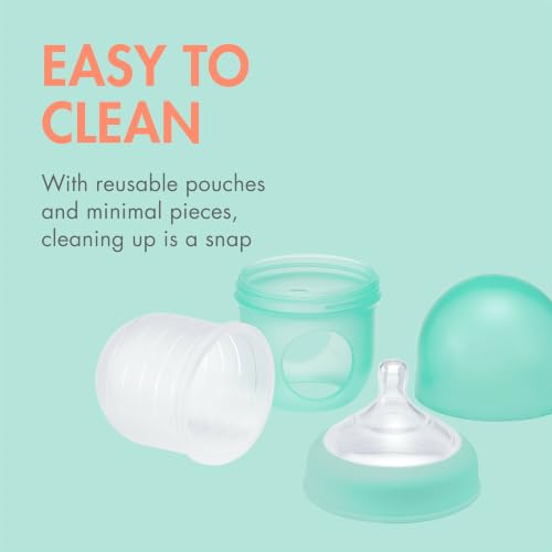 Image of Boon Nursh Reusable Silicone Pouch Baby Bottles - Slow Flow Nipple - Silicone Baby Bottle Pouch and Nipple - Baby Feeding Essentials - Mint - 0-3 Months - 3 Count - 4 Ounce