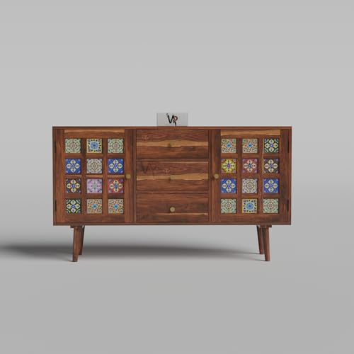 Image of VAP Solid Sheesham Wood Sideboard Cabinet with Glass Doors & 3 Drawers | Wooden Crockery & Buffet Cabinet For Living Room, Dining Room & Kitchen | Modern Crockery Cabinet | Honey Finish