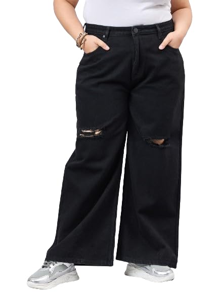 Women Plus Size Black Wide Leg High Rise Jeans-image-31