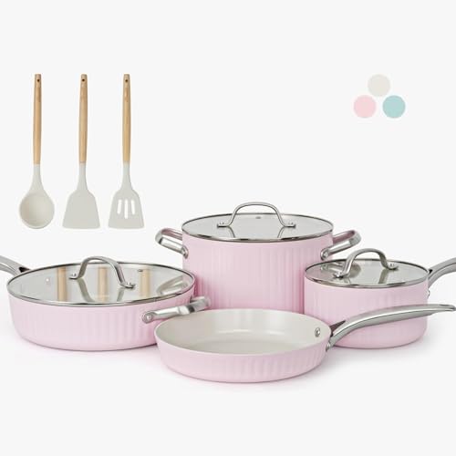 Image of 10Pcs Nonstick Cookware Set, Ciwete Tri-Ply Ceramics Cookware Set, Kitchen Pots and Pans with Stay Cool Ergonomic Handle, Dishwasher Safe, Oven Safe, Gift, Compatible with All Stovetop, Pink