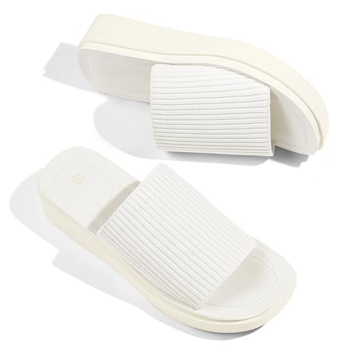 mysoft Women's Platform Sandals 1.8 Inch Slip On Comfortable Knit Open Toe Flatform Chunky Slide Sandals White3