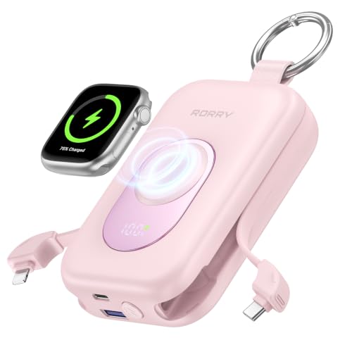 Image of RORRY CharmGo Portable Charger, 20000mAh PD 30W Portable Charger Power Bank with 2 Built-in Cables, Fast Charging Battery Pack with Keychain, Travel Essentials for iPhone, Apple Watch, iPad, Coral