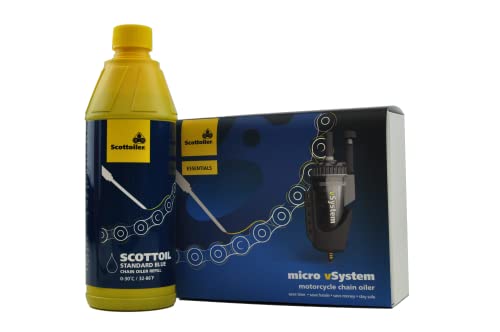 Scottoiler Essentials - Micro-vSystem - Automatischer Motorrad-Kettenöler und Blau Scottoil Nachfüllpackung - Starter Kit BUNDLE