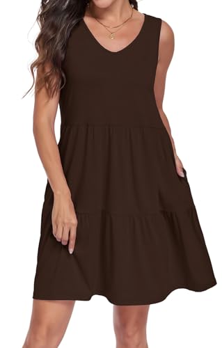 Image of Sundresses for Women Summer Sleeveless Tiered Swing V Neck Tank Dress | 2026 Casual Loose Tank Dress with Pockets, A-Line Flowy Beach Sun dress, Vacation Cruise Fashion Outfits