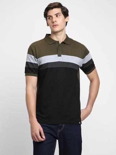 Image of Dennis Lingo Men's Cotton Stripes Regular Fit Mandarin Collar Short Sleeve Polo Tshirt