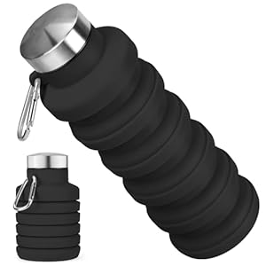 Collapsible Water Bottle, 16oz Portable Reusable Silicone Water Bottle, BPA-Free Leak-Proof Foldable Design with Carabiner, Lightweight Durable for Gym, Travel, Camping, Hiking, Sports-Black