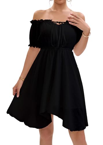 Image of Womens Off Shoulder Ruffle Puff Sleeve Tie Up Irregular Swiss Dot Mini Cottagecore Dress
