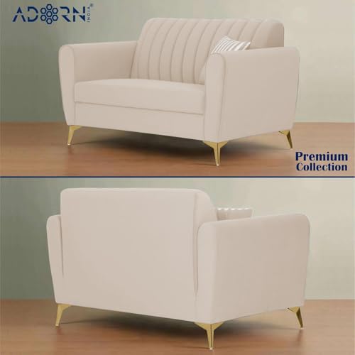 Image of Adorn India Premium Luster 3-2-1 Sofa Set | Velvet Suede Fabric | 3-Year Warranty | Color Cream with Golden Legs & Striped Pattern Cushion