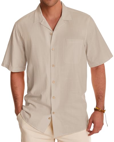 Image of Alimens & Gentle Mens Linen Shirts Cotton Hawaiian Shirts Short Sleeve Button Down Shirts Casual Summer Beach Tops
