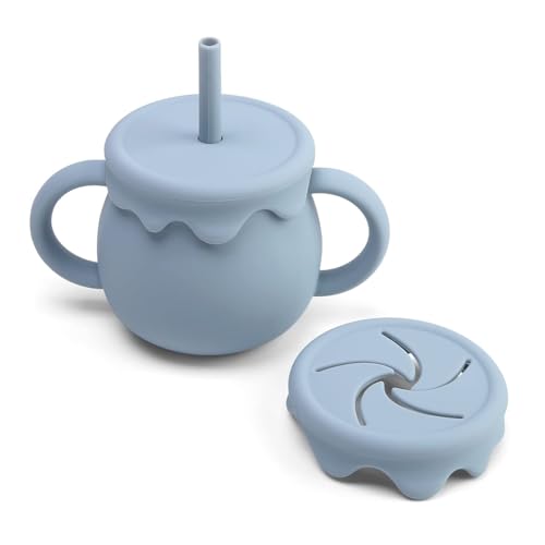 Image of Moonkie 2-in-1 Silicone Baby Cups with Straw and Lid for Snacks, 8.5 oz Spill-Proof Sippy Cups, Training Cup for Toddlers Ages (Blue)