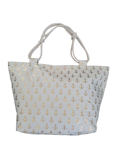 Genérico Bolso de Playa con Diseño de Anclas Doradas, 63x43x38 cm, Asas de 29 cm, Color Crema