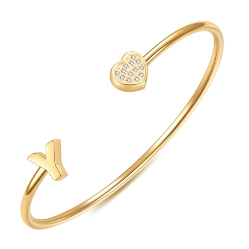Image of VQYSKO Heart Initial Cuff Bracelets for Woman-CZ Stainless Steel Adjustable Open Bracelet Woman Jewellery,Birthday Gifts for Woman