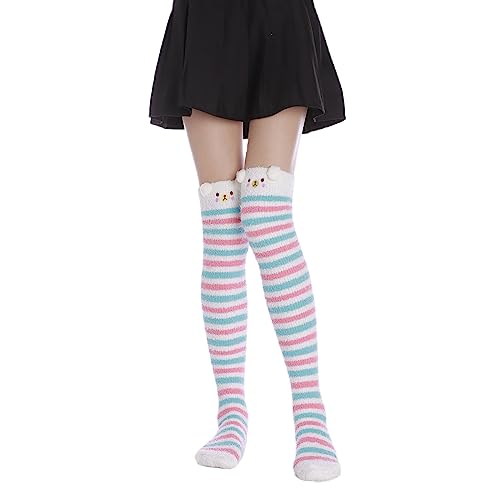 Image of Thigh High Fuzzy Socks Cute Animal Coral Fleece Over the Knee Thigh High Long Stockings Warm Stripe