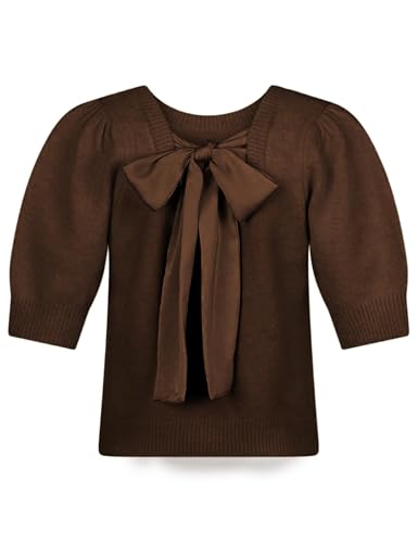 Image of Seyumixi Women Cute Bow Sweater Puff Short Sleeve Crewneck Knitted Shirt Bowknot Tie Back Knit Pullover Tops