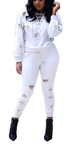 Casual 2 Piece Ripped Tracksuit - Lace up V Neck Long Sleeve Pullover Top and Distressed Skinny Long Pants Set White 2X
