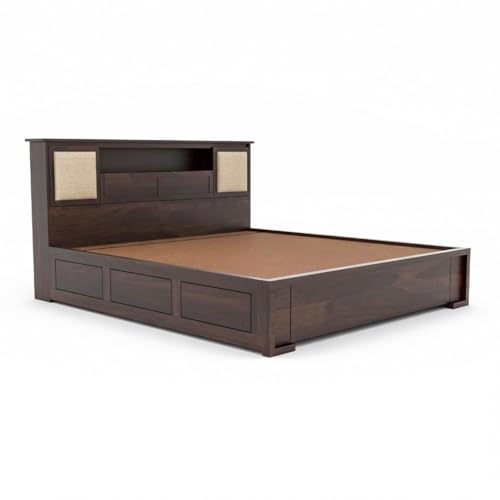 Image of Solid Sheesham Wood Bed with Storage | Wooden Cot with Box Storage & Upholstered Headboard | Strong Durable Frame | Modern Luxury Bed for Bedroom Home & Hotel (Walnut Finish, Queen)