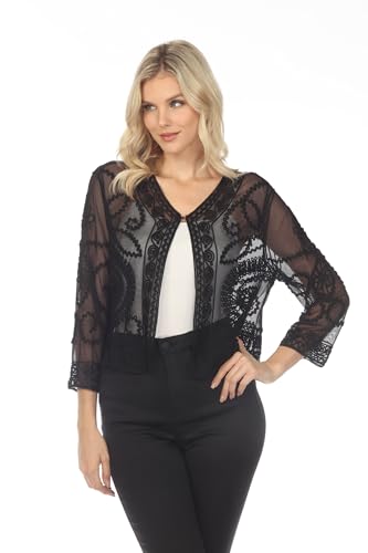 SIMPLY COUTURE Women's Summer Elbow Sleeve Scoop Neck Sheer Crochet Accent Soutache Sequin Tunic3