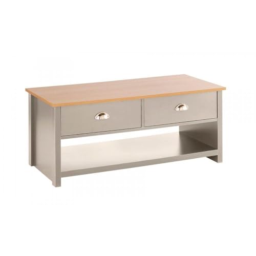 Home Source 2 Drawer Coffee Occasional Table, Oak Effect Top, Grey, 100cm