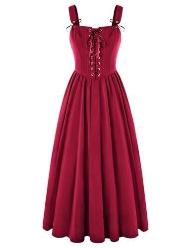 Damen Viktorianisches A-Linie Rockabilly Kleider mit Schnürung Quadratischer Hals Vintage Elegant Kleider Roter Maxikleid XL