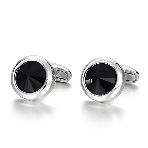 MERIT OCEAN Mens Elegant Style Cuff Link Super Shiny Swarovski Navy Blue Crystal Circular Cufflinks (Black) - Thumbnail 4
