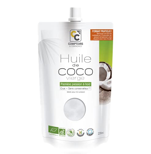 COMPTOIRS ET COMPAGNIES - Huile de Coco Vierge Bio - Idéal pour la Cuisine - Filière Equitable - Format Doypack 220ml