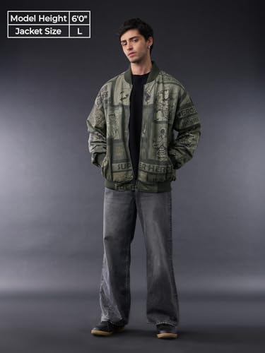 Image of The Souled Store Marvel: Heroes Assemble Men and Boys Full Sleeves Round Neck Dark Green Graphic Printed Polyester Regular Fit Lightweight Reversible Bomber Jacket
