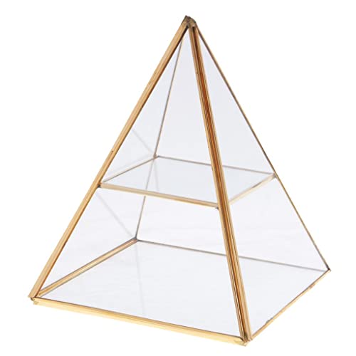 Torre portagioie a forma geometrica con pareti in vetro e base a specchio.