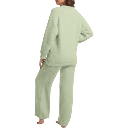 Image of BOSECETA 2 Piece Fleece Pajamas for Women Set Loungewear Outfits Knit Sweater Womens Long Sleeve Fuzzy Pajama Sets