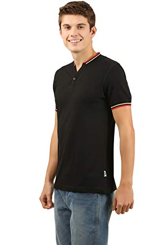 Image of Zebu Men's Half Sleeve Cotton Henley Neck Tshirt with bio wash (Pack of 1). Black