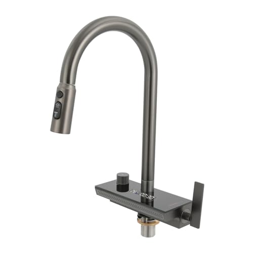Grifo de cocina con cascada gris, con ducha extraíble, grifo mezclador de cocina con indicador de temperatura, para baños, cocinas, aseos, restaurantes 22,56 x 8,5 x 39 cm