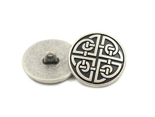 Bezelry 10 Pieces Celtic Shield Knot Metal Shank Buttons. 25mm (1 inch) (Antique Silver)