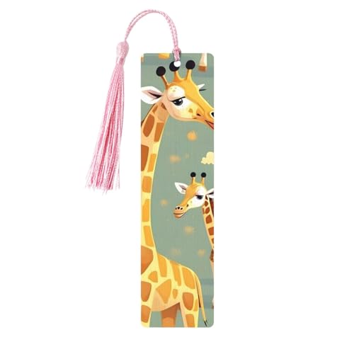 かわいいワイルドカートゥーンキリンプリント読書ページマーカーブックマーク、タッセル付き木製ブックマーク5個、本好きへのギフト。