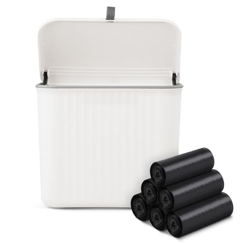 Image of Sanitary Napkin Receptacle,White Plastic Wall Mounted Tampon Disposal Bin with Lid 10x9x6 inches Feminine Hygiene Trash Can for Women Bathroom Home Office Sanitary Waste(with 200pcs Trash Bag)