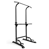 Torre de dominadas y fondos multifunción altura ajustable 170-210 cm – Barra agarre múltiple, mangos fondos y flexiones, base 82 × 75 cm, acero, sin fijación a pared
