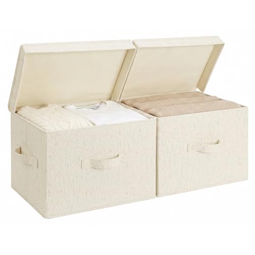 Image of StorageWorks Fabric Storage Bins with Lid, Decorative Storage Boxes for Shelves, Stackable Closet Organizer Basket with Handles, Large, Beige, 2-Pack