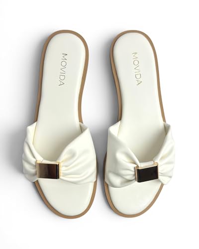 Image of MOVIDA Lumi Ruched Bow-Strap Flat Slide Sandal, White, for Casual Beach and Resort Wear, with Cushioned Footbed and Light Gold Square Buckle