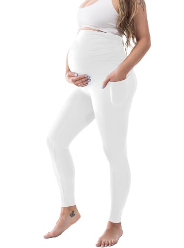 Image of Ipletix Maternity Leggings Over Bump, Buttery Soft, With Pockets, 4 Way Stretch, White, Size L