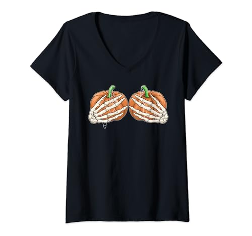 Funny Skeleton Hands Pumpkin Halloween Scary Spooky Season Camiseta Cuello V