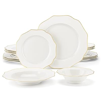 MALACASA Bone China Dinnerware Set, 16 Piece White Plates and Bowls Sets with Golden Rim, Round Dinner Plate Set for Dessert and Pasta, Cereal Bowls, Scratch Resistant Dish Set for 4, Series LOTUS