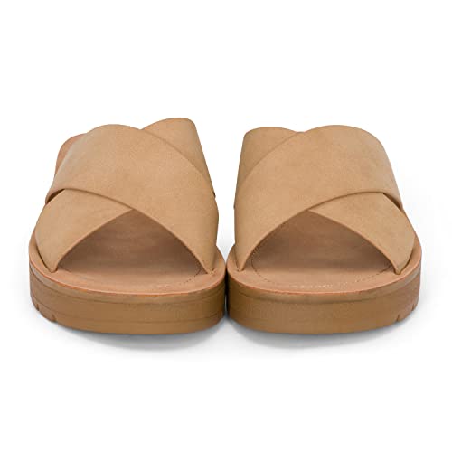 Jtelle - Lucy - Womens Slip On Slide Criss Cross Fashion Platform Open Toe Comfort Sandals (Camel Nbpu, Us_Footwear_Size_System, Adult, Women, Numeric, Medium, Numeric_9) #TOP3