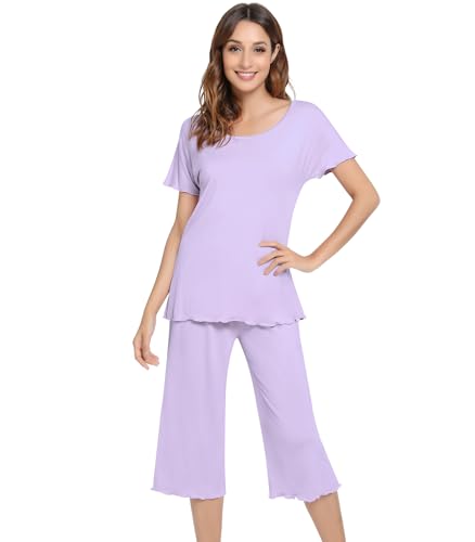 Image of NACHILA Women's Bamboo Viscose Pajama Sets Summer Cooling Short Sleeve Capri Soft Pjs Night Sweats Moisture Wicking Sleepwear