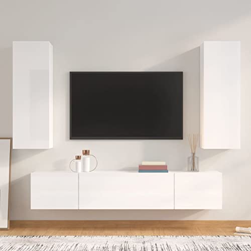 DJEKA 4pz Parete Attrezzata Soggiorno Mobili TV Soggiorno Moderni Sospesi Set di Mobili Porta TV in Legno Multistrato Bianco Lucido