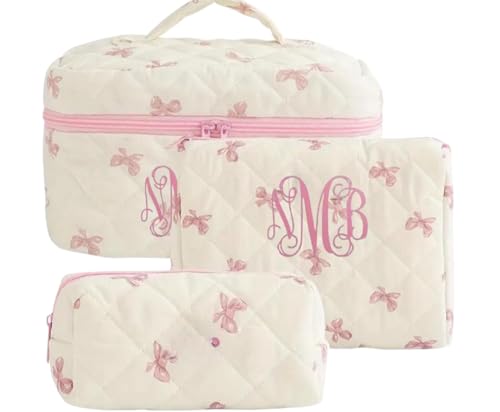 Personalized 3-Piece Cosmetic Bag Set, Quilted Pink Bow Pattern, Monogrammed Travel Toiletry Cases (Bow)