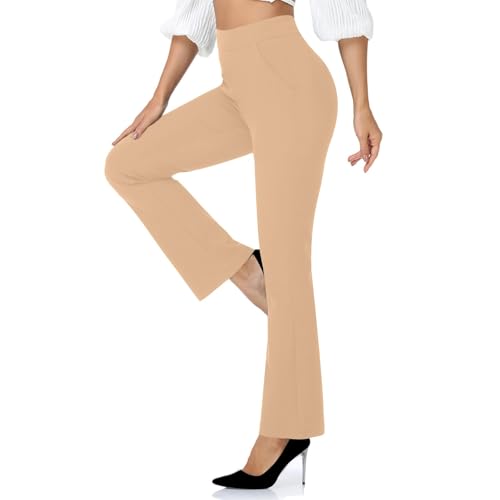 Work Pants Women Business Casual Stretchy Pull On Dress Pant High Waisted Slim Lightweight Flared Slacks with Pockets