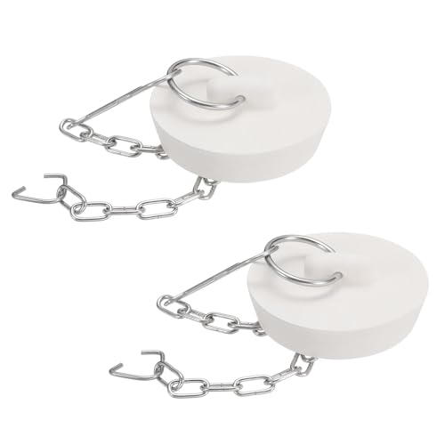 Sourcing Map Lot de 2 bouchons de baignoire en caoutchouc blanc, 41 à 45 mm, bouchon de vidange d'évier de cuisine, bouchon de vidange de salle de bain avec anneau de traction et chaîne en acier
