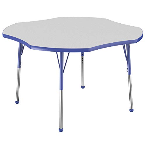 Image of FDP Clover Activity School and Office Table (48 x 48 inch), Standard Legs with Ball Glides for Collaborative Seating Environments, Adjustable Height 19-30 inches - Gray Top and Blue Edge