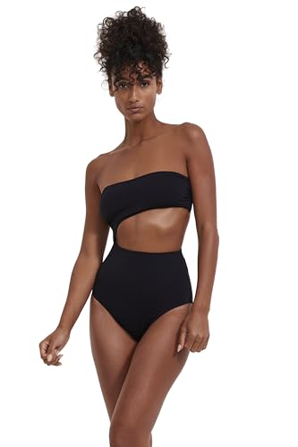 Solids Women’s Black Bandeau One-Piece Cut Out Swimsuit with Removable Soft Cups and Adjustable Straps2