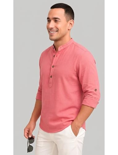 Image of DEEMOON Men's Cotton Blend Solid Regular Fit Full Sleeve Short Kurta | Men's Trendy Short Kurta