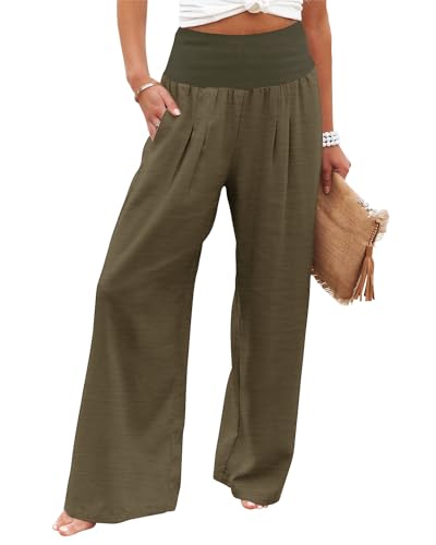 CHICZONE Women Palazzo Pants Elastic High Waist Ladies Linen Long Trousers Fall Winter Plus Size Fashion Loose Flowy Work Lounge Pants Army XX-Large