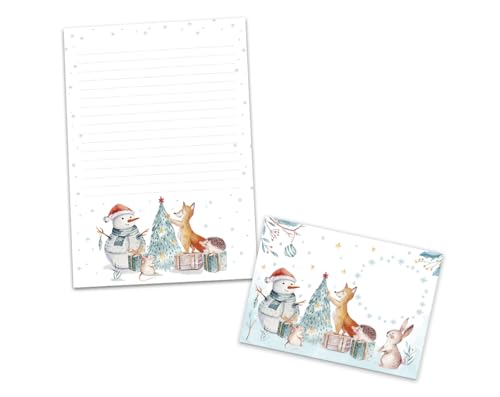 Briefpapier Set Weihnachten Weihnachtsmotiv Schneemann Blöcke Umschläge Kindermotiv für Jungen Mädchen Weihnachtsbriefpapier (Block A5 mit 25 Blätter + 15 Umschläge)